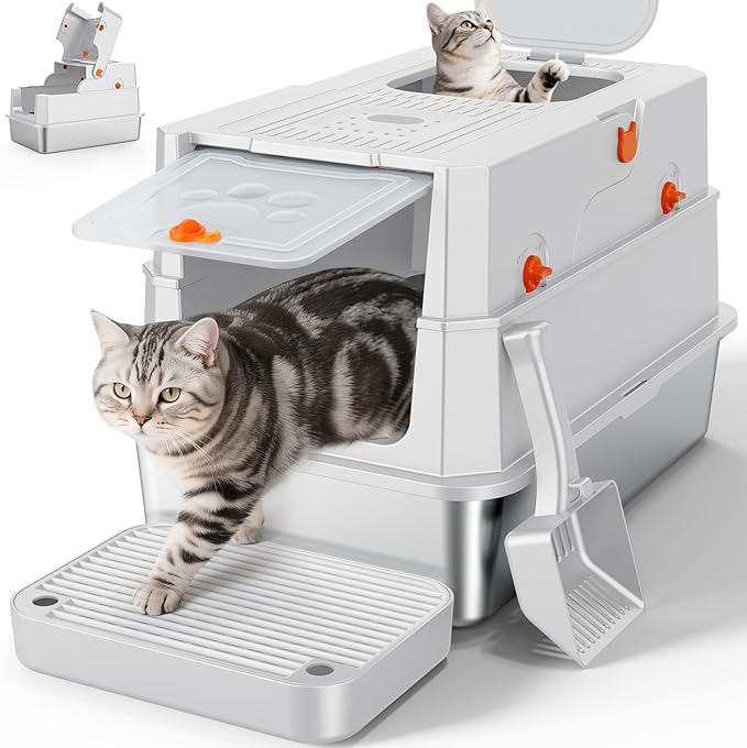 FURTIME Stainless Steel Litter Box with Lid, XL Extra Large Enclosed Cat Litter Box for Big Cats, Metal Cat Box with High Sided Enclosure & Scoop, Front & Top Entry, Odor Free, Anti-Leakage, Silver