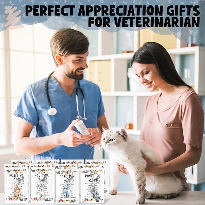 12 Set Cute Cat Keychain with Positive Cards and Bags Cats Animal Keychains Inspirational Gifts for Women Men Coworker Employee Stuff Team