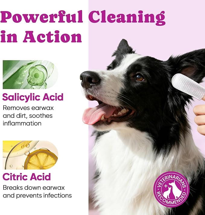 Pet Ear Cleaning Finger Wipes for Dogs & Cats - Dog Ear Cleaner with Aloe, Coconut Oil & Ginseng - Finger Dog Ear Wipes to Relieve Ear Itching, Infections, Wax & Smelly Ears - 50 Ct - Coconut Scent