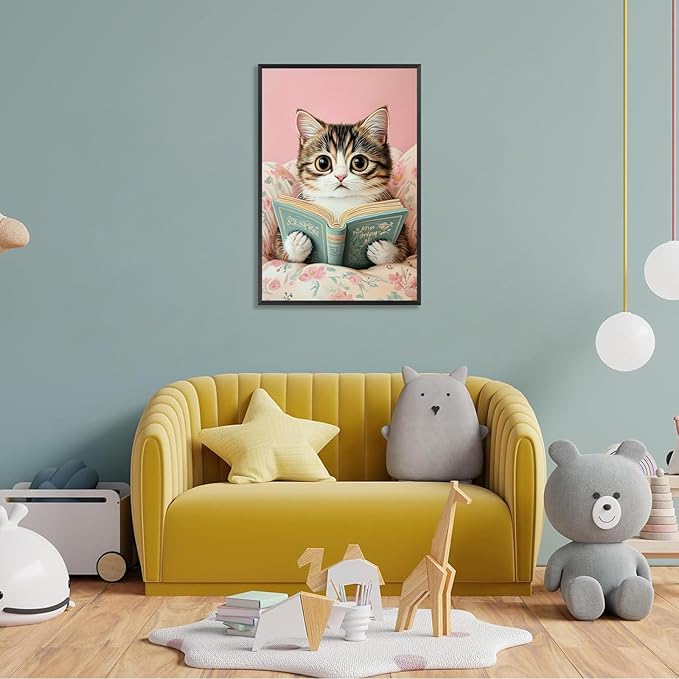 Funky Cute Cats Reading Books Canvas Wall Art Funny Pet Cat Animal Poster Trendy Pink Flower Wall Decor Cat Lovers Prints Painting For Home Bedroom Kids Room Dorm Wall Decor 16x24in Framed