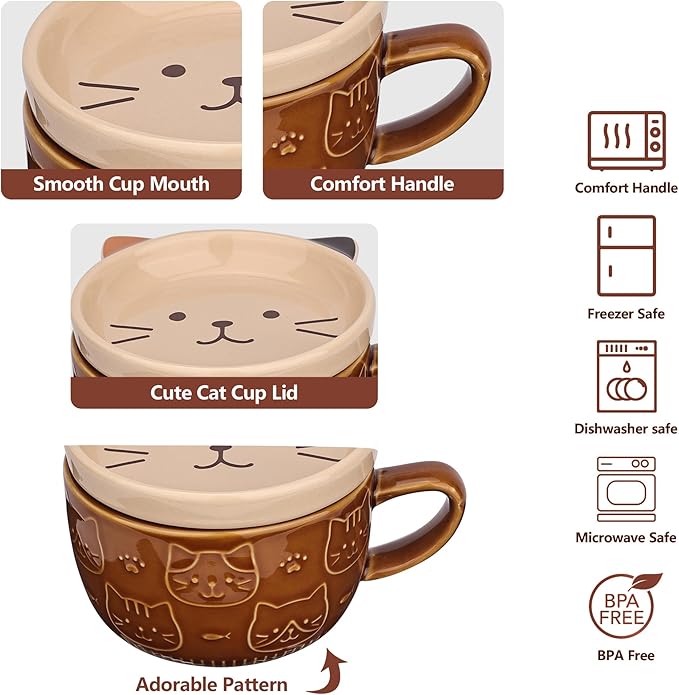Cute Ceramic Cat Coffee Mug with Lid,Kawaii Coffee Mugs or Tea Cups for Cat Lovers,Funny Novelty Breakfast Mugs for Women Wife Mum Girls Boys Friends Kids Christmas Birthday Gift,300ML（Brown）