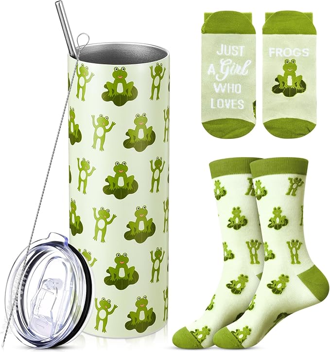 Funnymoom 2 Pack Frog Gifts Set Skinny Tumbler 20 oz Travel Coffee Mug Novelty Cute Animals Socks for Christmas Birthday Party