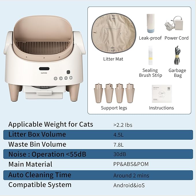 Self Cleaning Smart Litter Box APP Controlled Automatic Odor-Free Cat Toilet with Large Waste Bin Disposable Bags, Open Top Design for Single or Multi Cat Households
