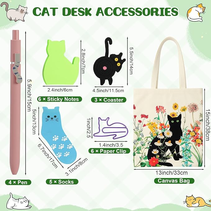 Cat Lover Gift Set for Women, 25 Pack with Tote Bag, Socks, Pens, Sticky Notes, Paper Clips and Crochet Coasters, Teacher Appreciation Gifts for Women, End of School Year
