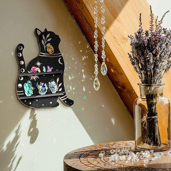 Crystal Display Shelf Wall Moon Shelves Luna Moth Hamsa Hand Holder Floating Wall Mounted Decorative Crystal Shelf (Wooden Moon-38.5 * 36.5cm/15 * 14.4inch)
