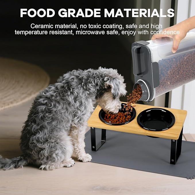 Upgraded Adjustable Height Cat Food Bowls Stand Ceramic Dog Bowls and Slow Feeder Cat Bowl, 15°Tilted Stand Anti Vomiting Raised for Small and Medium Sized Cats Dogs (Black (2 Bowl+Pet mat))