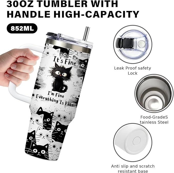 Cat Lover Gifts, Gift for Cats Lovers Women Men Girls Funny 30oz Black Cats Themed Tumbler Cups with Handle - Everything Is Fine Mug, Christmas Birthday Gift for Black Cat Mom Lady Gifts Cup