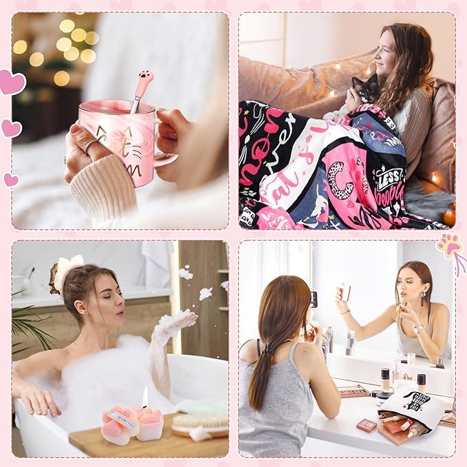 Didaey 12 Pcs Mother's Day Cat Lover Gifts for Mom Women Cute Blanket Socks Coffee Mug Cosmetic Bag Keychain Bracelet Cards Scrunchie Cats Themed Gift Set for Birthday Mom Ideas