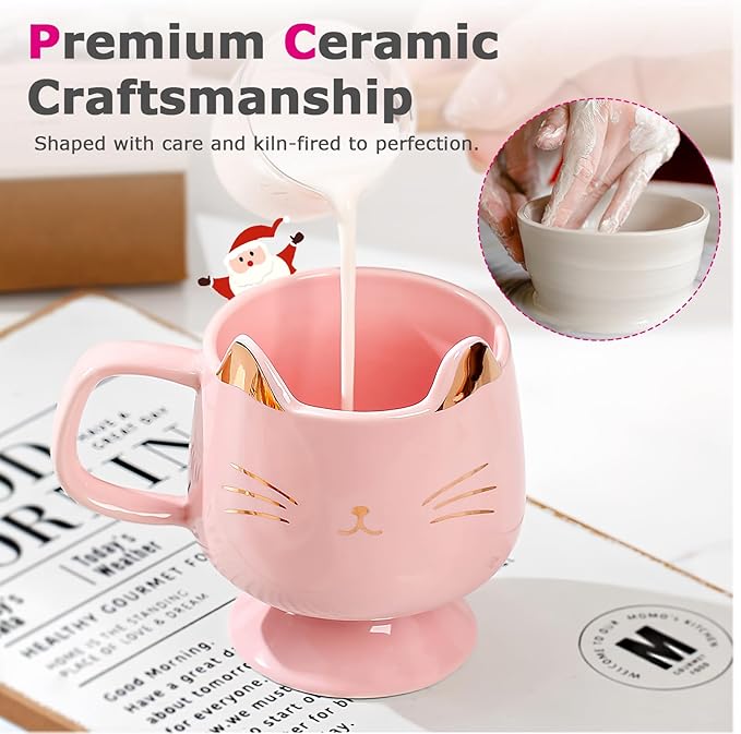 Christmas Mugs High-Footed Ceramic Cat Mug – 13.5oz Unique Coffee Cup with kitty Expression Design, Fun Gift for Women, Girls, Kids, Cat Lovers (pink)