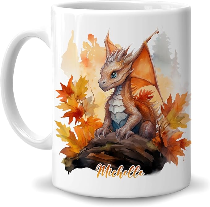 Hyturtle Personalized Fall Dragon Maple Leaves Coffee Mug - Birthday Gifts For Dragon Lovers - Fall Autumn Decor Gifts For Farmhouse Thanksgiving - Custom Name 11oz White Ceramic Coffee Tea Mug