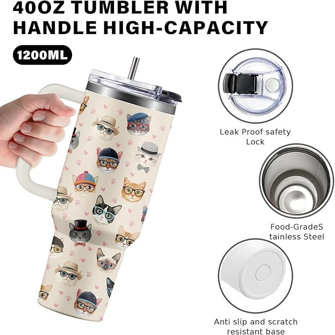 Cat Face Tumbler 40oz with Handle - Funny Cat Lover Gifts for Women, Insulated Travel Coffee Mug, Cute Cats Cup for Cats Owners, Christmas Birthday Present