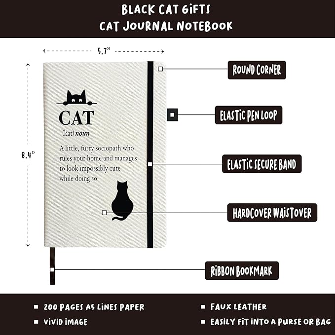 Cat Lover Gifts Women, Black Cat Journal 200 Pages Engraved Notebook A5 Lined with Pen, Black Cat Gift, Cat Humor Themed Gifts for Cat People, Crazy Cat Lady, Cat Owner, Cat Mom Birthday Christmas