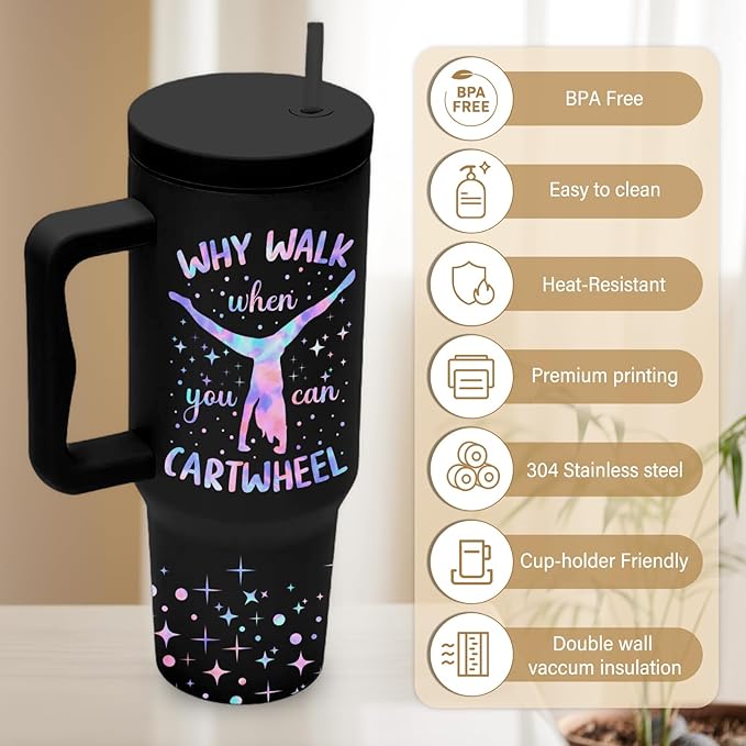 Gymnast Gymnastic Gifts, Stainless Steel Tumbler With Handle 40 Oz, Best Gifts For Gymnast, Birthday Christmas Gift Ideas, Glitter Bling Tumbler, Cartwheel Travel Mug