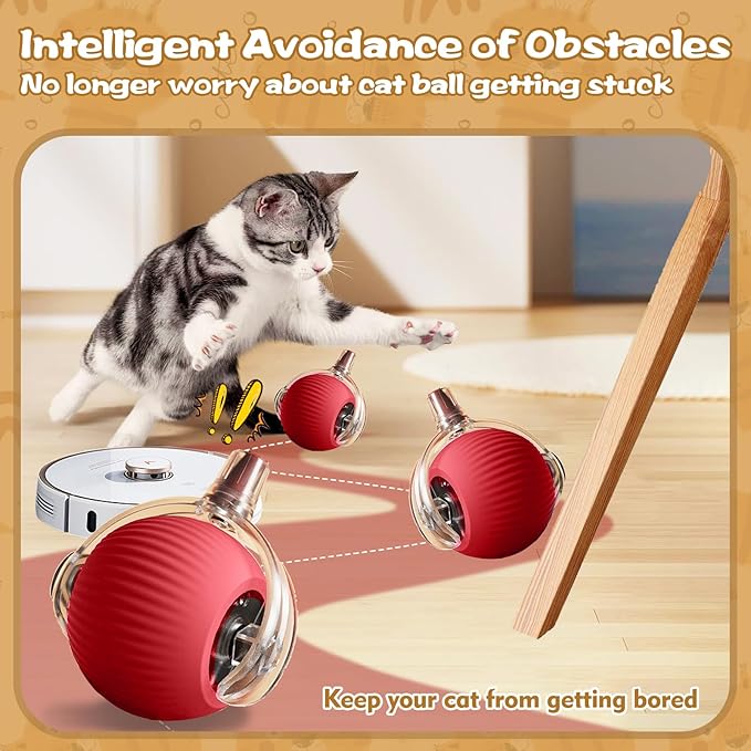 Interactive Cat Ball Toys for Indoor Cats, Upgraded Automatic Cat Toys for Bored Indoor Adult Kitty, Peppy Pet Ball for Cats, 360°Smart Rolling Kitty Balls Toy (Red)