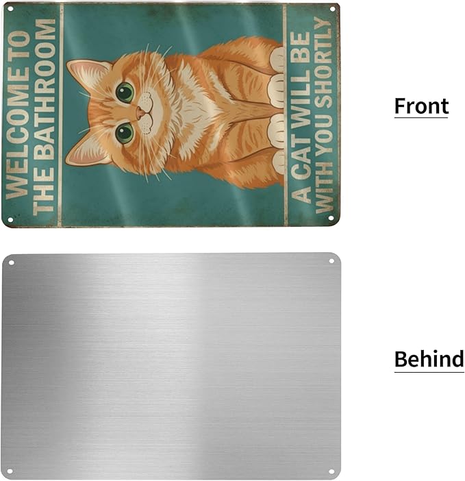 Funny Bathroom Sign Welcome to The Bathroom A Cat Will Be with You Shortly Humorous Restroom Decor Quirky Cat Lover Gift Novelty Aluminum Sign 8x12 Inches Orange Cat-01