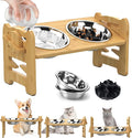 Adjustable Elevated Raised Feeder – Non-Slip Bamboo Stand with 2 Stainless Steel Bowls & 1 Slow Feeder for Small to Medium Size Dogs