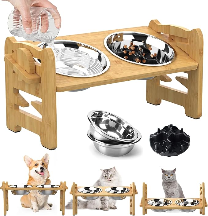 Adjustable Elevated Raised Feeder – Non-Slip Bamboo Stand with 2 Stainless Steel Bowls & 1 Slow Feeder for Small to Medium Size Dogs