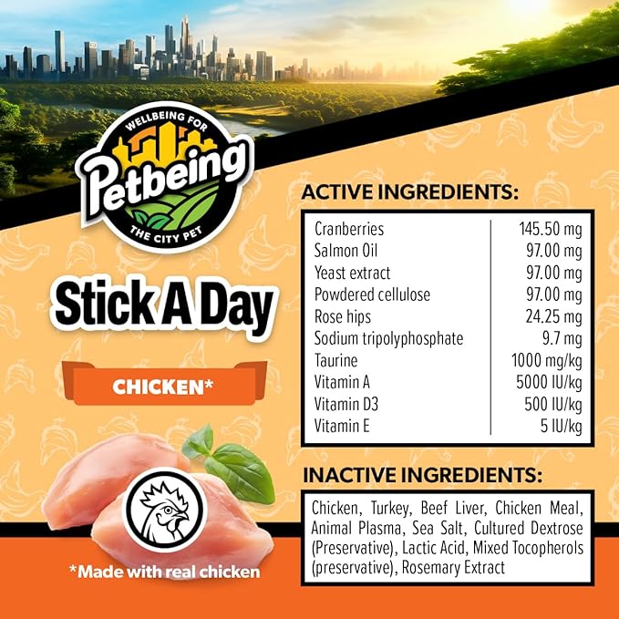 Stick a Day Cats | Specially Formulated 7-in-1 Functions Daily Real Meat Supplement for Cats | Cat Chew Stick & Pet Vitamins Supplements Combination (7-Pack x 4, Chicken)