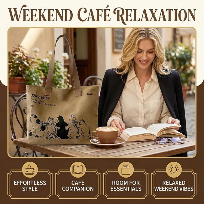 Cute 5-Cats Canvas Tote Bag for Women, Large Aesthetic Shoulder Bag with Zipper and Inner Pocket, Reusable Grocery Bag for Travel, Beach, and Shopping, Ideal Gift for Cat Lovers