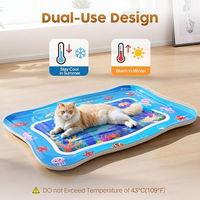 Cat Water Mat - Interactive Cat Toys Upgraded Thickened 0.7mm PVC Cooling & Heating Water Bed with Floating Fish, Anti-Scratch Leak Proof Foldable Water Sensor Play Mat for indoor/Outdoor Cats