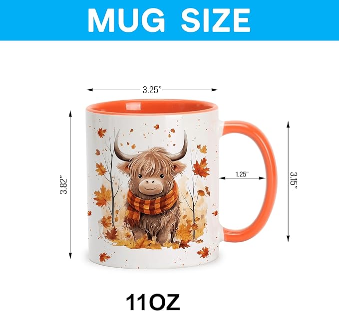 Hyturtle Fall Highland Cow Maple Leaves Coffee Mug - Birthday Gifts For Cow Lovers - Fall Autumn Decor Gifts For Farmhouse Thanksgiving - Highland Cows Gift - 11oz White Ceramic Coffee Tea Mug
