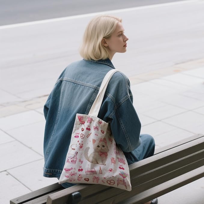 Aesthetic Canvas Tote Bag for Women - with Magnetic Snap Closure & Zipper Inner Pocket Reusable Bag for Shopping