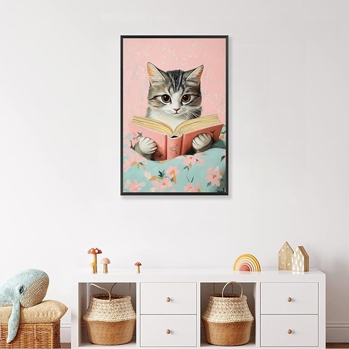 Vintage Cat In Bed Canvas Wall Art Funny Cute Cats Reading Books Poster Retro Pink Girls Room Pet Animal Aesthetic Prints Painting For Home Bedroom Kids Room Dorm Wall Decor 24x36in Framed