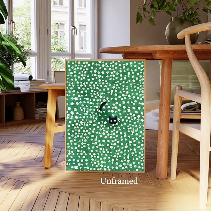 Black Cat Canvas Wall Art, Cute Cat In Daisies Meadow Aesthetic Poster, Adorable Animal Picture Rich Green Print Painting for Bedroom, Nursery Wall Decor Pet Lover Gift 16x20in Unframed