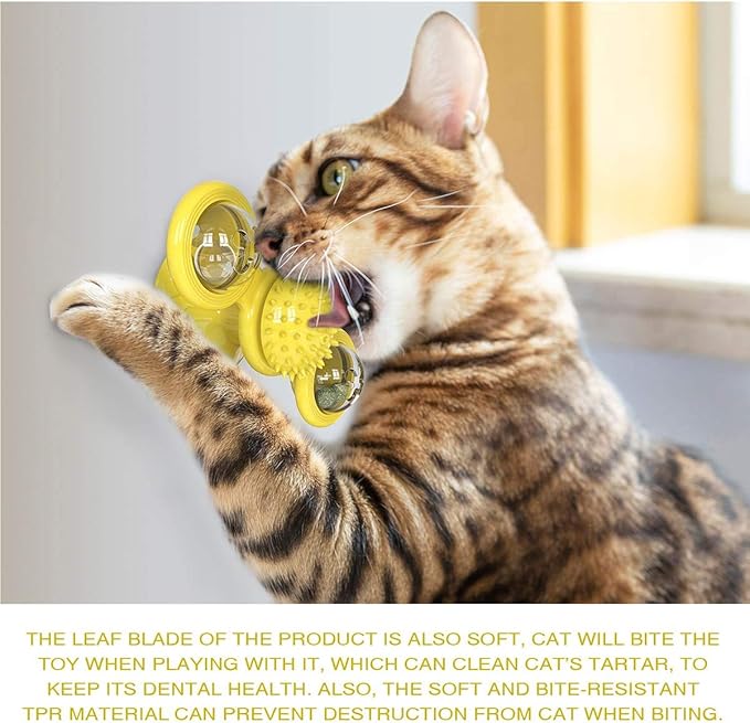 Interactive Windmill Cat Toys with Catnip : Cat Toys for Indoor Cats Funny Kitten Toys with LED Light Ball Suction Cup‖Cat Nip Toy for Cat chew Exercise (Yellow)