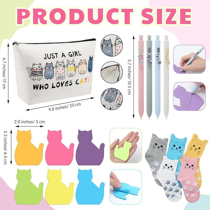 Fullhawl 16 Pcs Cat Lover Gifts, 1 Cat Makeup Bags, 5 Women's Animal Socks, 4 Black Ink Pens, 180-piece Sticky Notes, Cute Funny Christmas Birthday Gift for Pet Enthusiasts Xmas Party Supplies