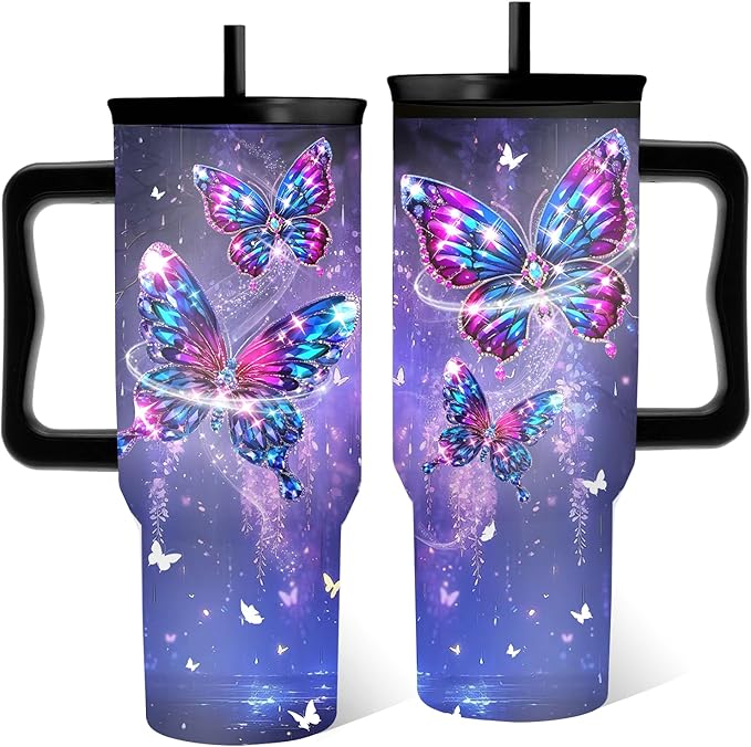 Butterfly Gifts For Women, Butterfly Cup Leak Proof Tumbler With Handle 40 Oz, Birthday Christmas Gifts For Women Girl Wife, Purple Gem Bling Cup, Christmas Travel Coffee Tumbler