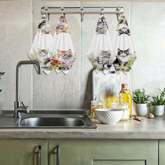4 Pcs Watercolor Cat Kitchen Towels, Pastoral Flower Decorative Absorbent Microfiber Dish Cloth Tea Towel,cats Waffle Soft Hand Towels for Farmhouse Home Bathroom Kitchen Decor, Cat Lover Gifts