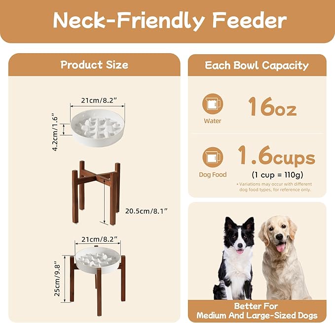 Ceramic 1.6 Cup Raised Slow Feeder Dog Bowl Set, Elevated Acacia Wood Stand for Medium and Large Dogs, 8.2inch Slow Pet Dish for Fast Eaters(1 Bowl & Stand,Reactived Glaze -White)
