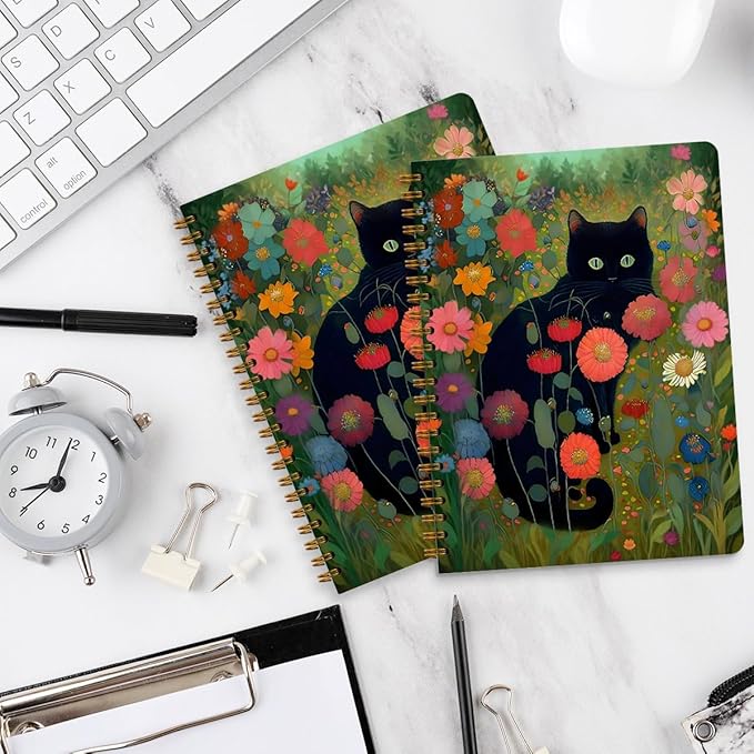 2 Packs, Cat Spiral Notebook Pretty Aesthetic College Ruled Journaling Notebooks Black Cat Lover Gifts for Women Teacher Friend Teens Notebook Journal, Journals for Writing Office Classroom Supplies