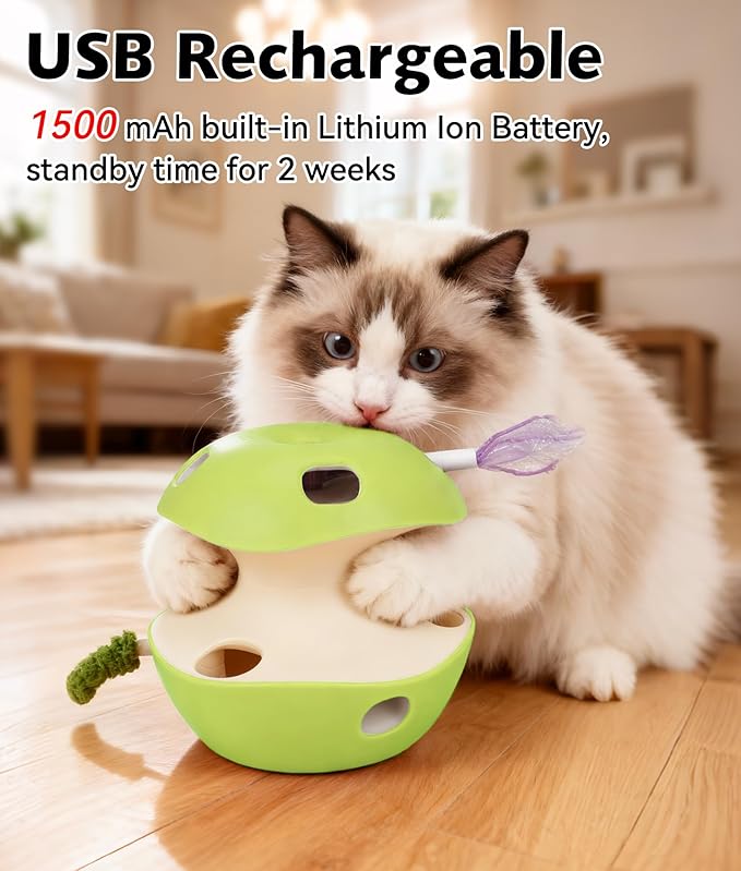 Joytale Interactive Cat Toy for Bored Indoor Cats, Automatic 10-Hole Whack A Mole Apple Toy, 2-in-1 Electric Motion Sensor Toy with Teaser Wand, USB Rechargeable, Boredom Relief, Green