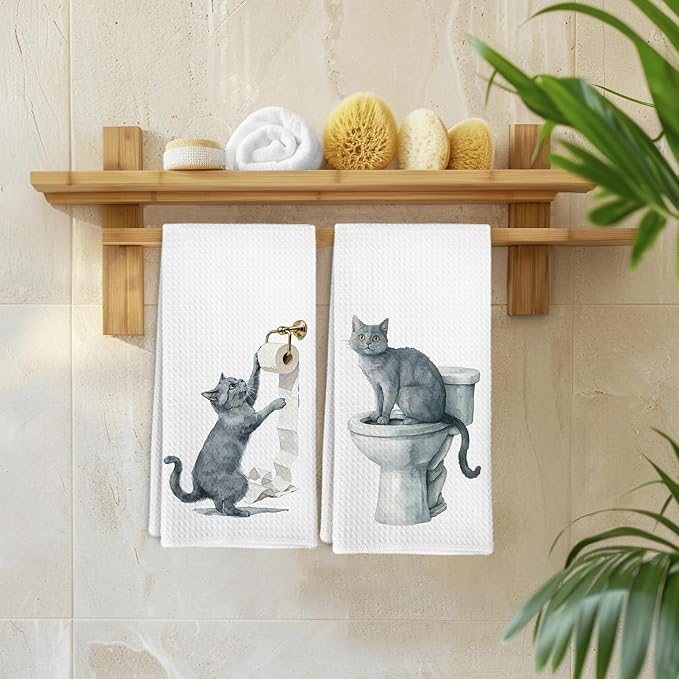 Funny Gray Cat Gifts Hand Towels for Bathroom Washroom Toilet Decor, Grey Cat Lover Gift Decorative Hand Towels Set of 2, Cute Cats Themed Dish Tea Towels for Kitchen Decorations, 16x24 Inch