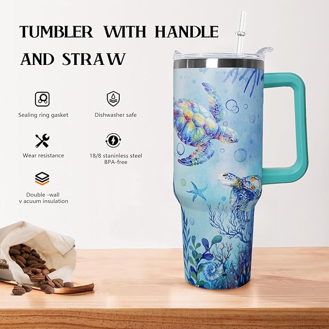 Ceovfoi 40 Oz Sea Turtle Tumbler with Handle Lid and Straw,Double Wall Vacuum Stainless Steel Watercolor Ocean Turtle Cup,Water Bottle,Travel Coffee Mug,Hawaiian Sea Turtle Decor,Accessories