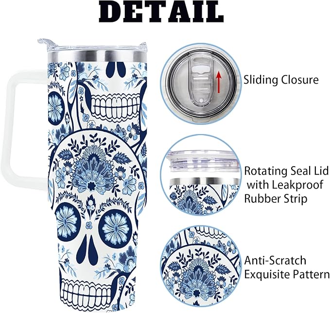 Goth Gifts Goth Tumbler Halloween Tumbler 40 Oz Sugar Skull Gifts Cup For Women Men Spooky Skeleton Travel Mug with Handle Lid and Straw