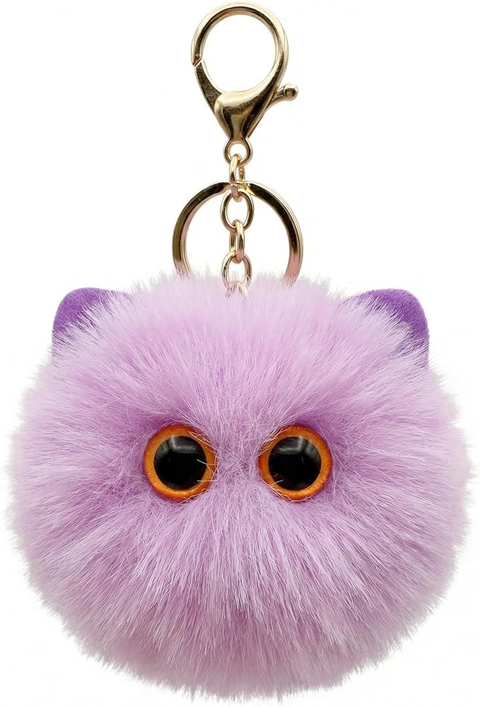 Cute Purple Cat Plush Keychain - Kawaii Lavender Cat Pom Pom Bag Charm, Mystical Keychain for Backpack Purse, Gift for Women Teens