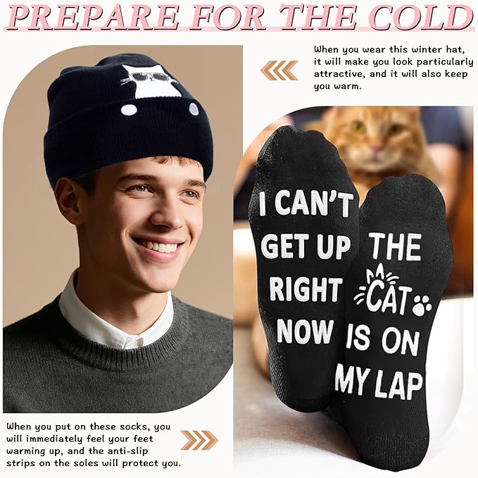 Winter Knitted Beanie Hat and Themed Scoks for Dog Cat Lover Gifts, Christmas Stocking Stuffers for Men Women