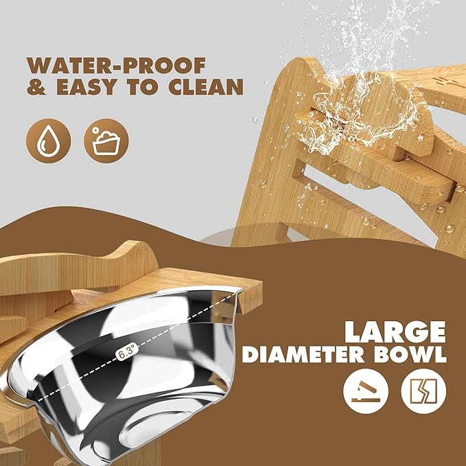 Adjustable Elevated Raised Feeder – Non-Slip Bamboo Stand with 2 Stainless Steel Bowls & 1 Slow Feeder for Small to Medium Size Dogs