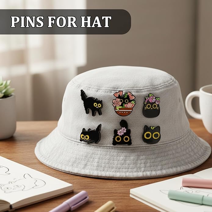 6Pcs Cat Pin Set, Cat Brooch, Black Cats Pin, Cute Pins for Jackets and Backpacks, Black Cats Gifts for Lovers, Ideal for Themed Accessories and Gifting