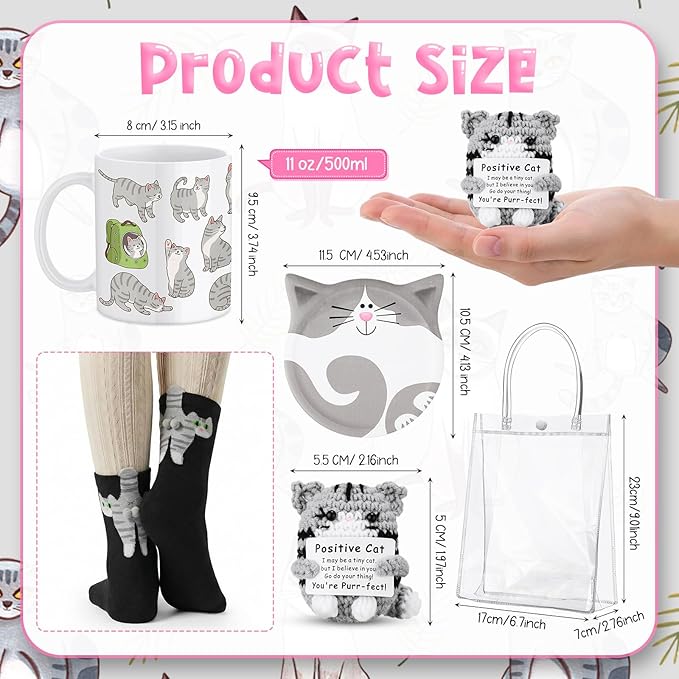 Potchen 6 Pcs Mother's Day Cat Lover Gifts for Women Funny Cat Mom Gifts Set with Gift Bag, Cats Coffee Mug, Cats Sock with Ball, Ceramic Coaster, Crochet Doll, Kitten Keychain for Lady Women Birthday