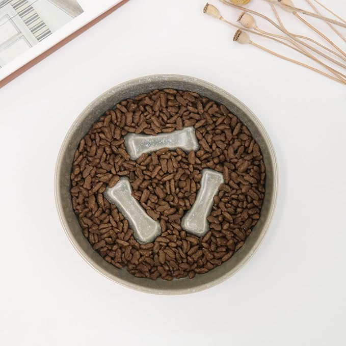 Ceramic Slow Feeder Cat Bowls 6 Inch Cute Bone Slow Feeding Dog Food Bowl,Whisker-Friendly, Anti-Vomiting Feeder for Cats and Small Dogs Non Slip Dishwasher/Microwave Safe (Grey)