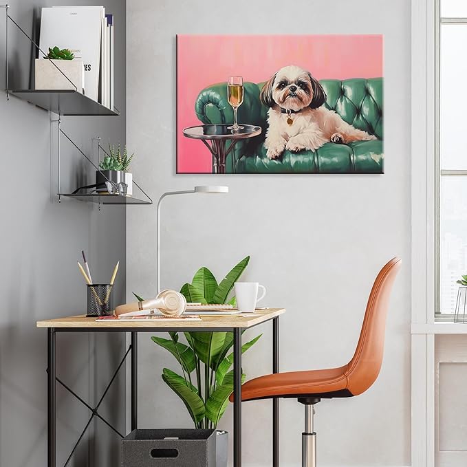 Shih Tzu With Champagne Wrapped Framed Print Poster Whimsical Pet Art Bar Cart Decor Wall Art Room Decor Aesthetics Ready To Hang 12X18 inch