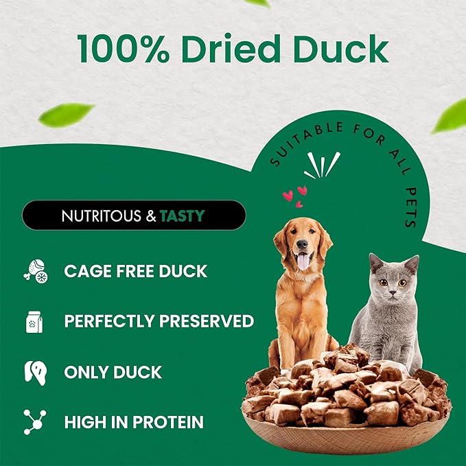 Duck Dog Treats | 100% Human Grade Freeze Dried Cat Treats, Single Ingredient | High Protein Cat & Dog Food Toppers | No Additives or Preservatives | Inspected & Tested in USA | 3.0 oz