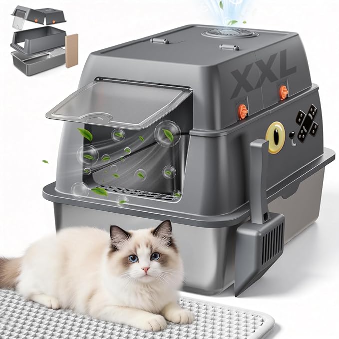 GTPLAYER XXL Stainless Steel Cat Litter Box with Lid, High Sided Enclosed Cat Litter Box, Activated Carbon Odor Control, Extra Large Metal Litter Box, Anti-Leak, with Mat & Scoop, Cheeky Kitty