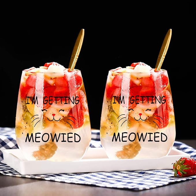 I'm Getting Meowied Funny Wine Glasses - Engagement or Bridal Shower Gift for Cat Lovers, Set of 2 Stemless Wine Glasses, 15 Oz