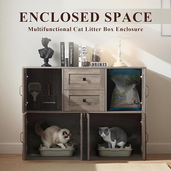 Spacious Wooden Double Cat Litter Cabinet with Drawers for Two Cats, Indoor Dog-Proof Cat House with Dual Compartments, 47.6 Inch Modern Privacy Litter Box Furniture (Grey)