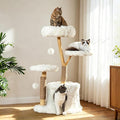 COZIWOW Modern Cat Tree Tower, Cloud Cat Tree with Solid Natural Wood Scratching Post, Luxury Condo & Perches, Aesthetic White Cat Furniture for Indoor Large Cats, 34" L X 17.7" W X 41.7" H